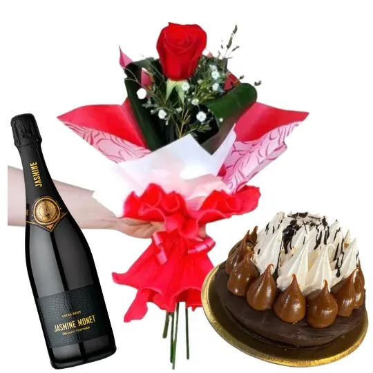 Ramo 1 rosa roja importada con torta y espumante 